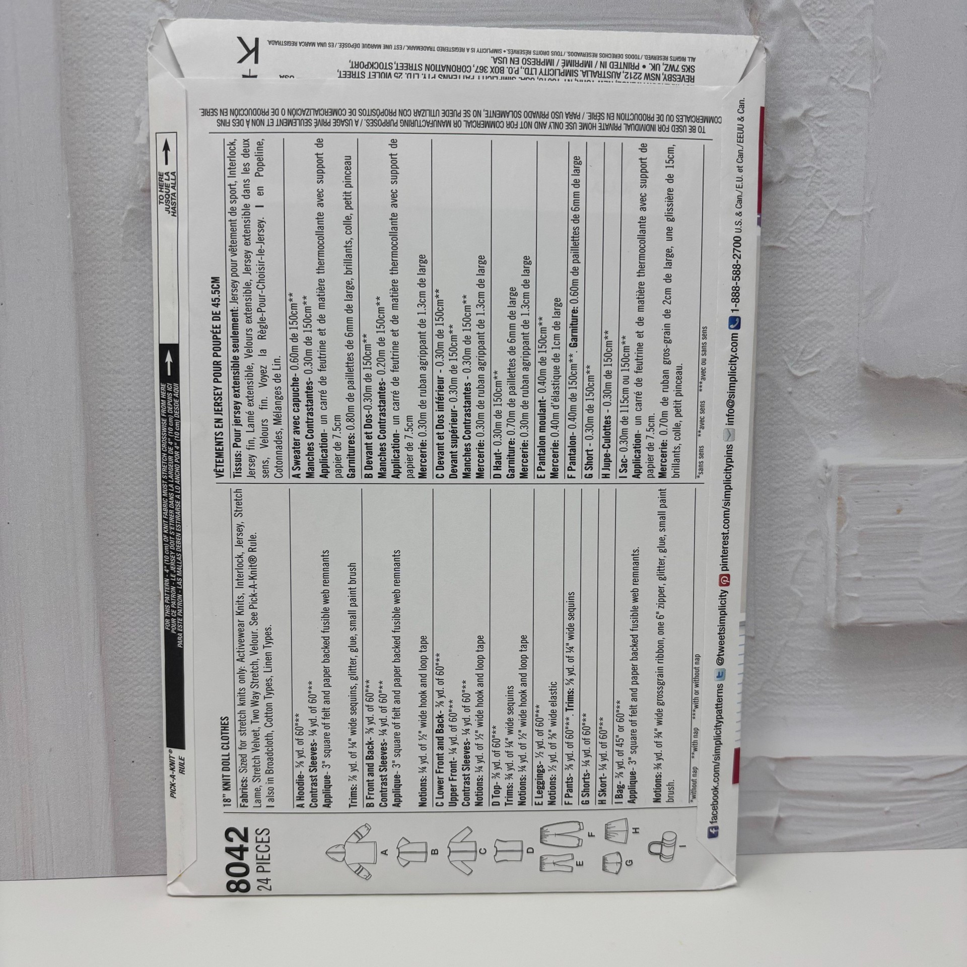 Simplicity American Girl Pattern 18" Doll Clothes #8042