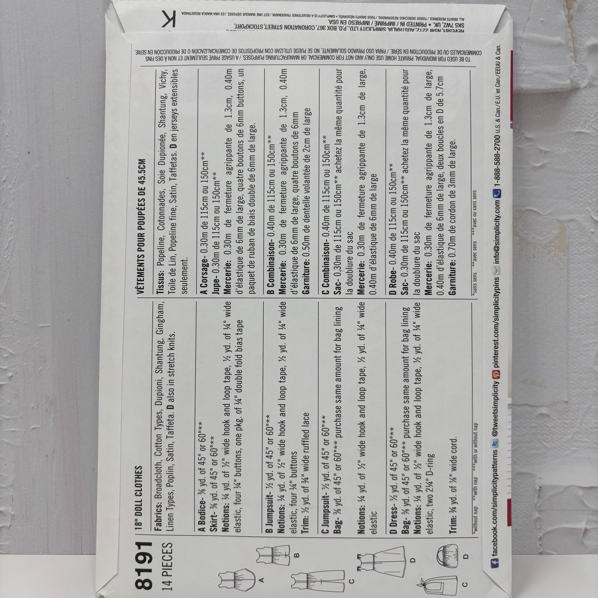 Simplicity American Girl 18" Doll Clothes Pattern #8191