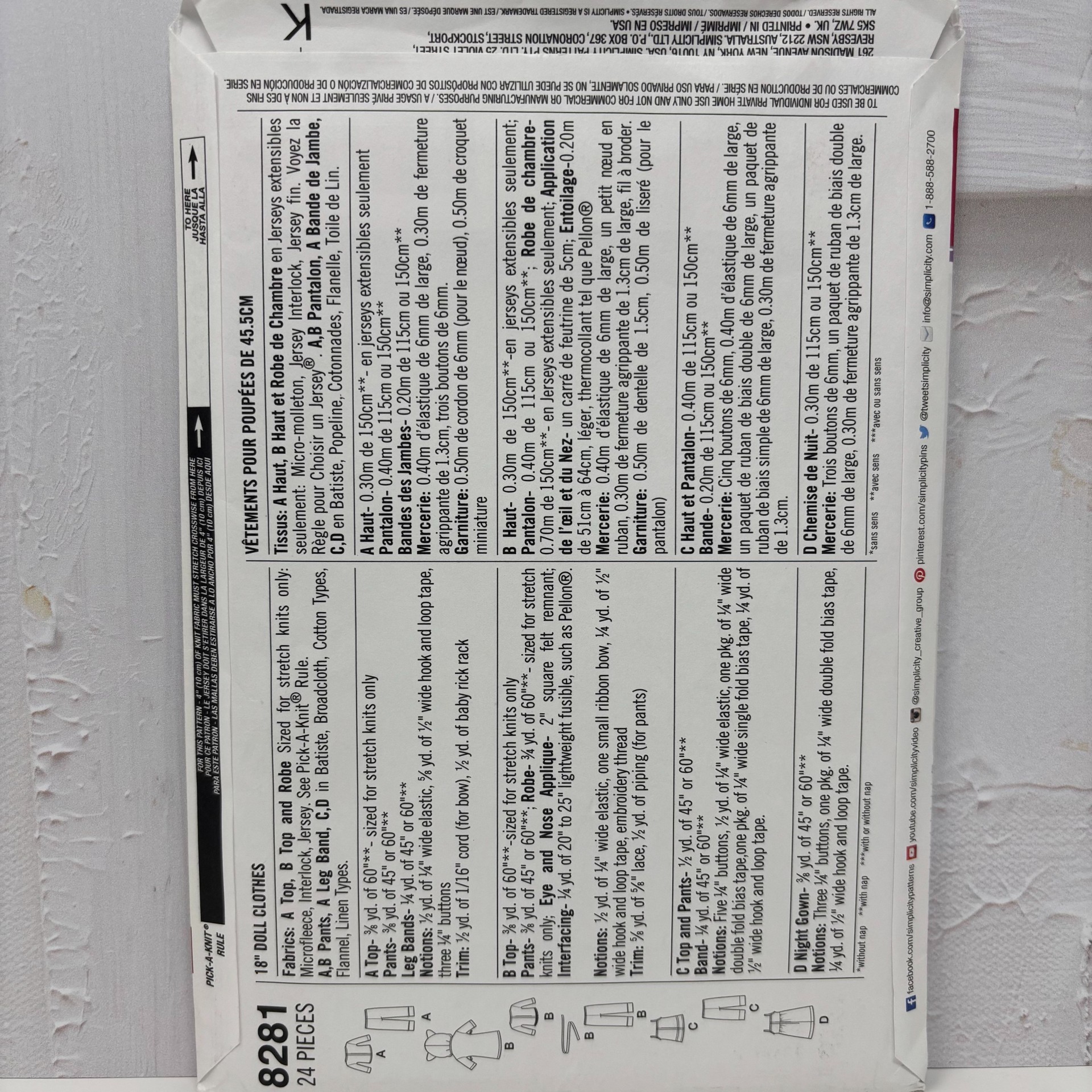 Simplicity American Girl 18" Doll Clothes Pattern #82841