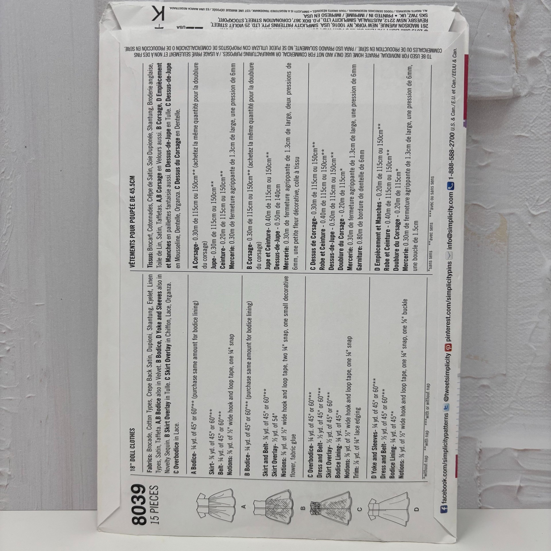 Simplicity American Girl 18" Doll Clothes Pattern #8039