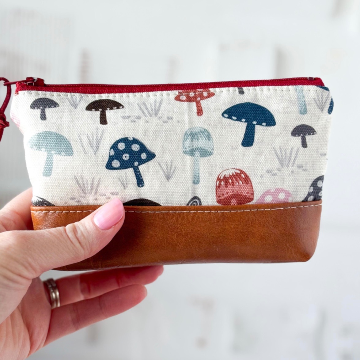 Small Zipper Pouch - Faux Leather and Mushroom Canvas Print