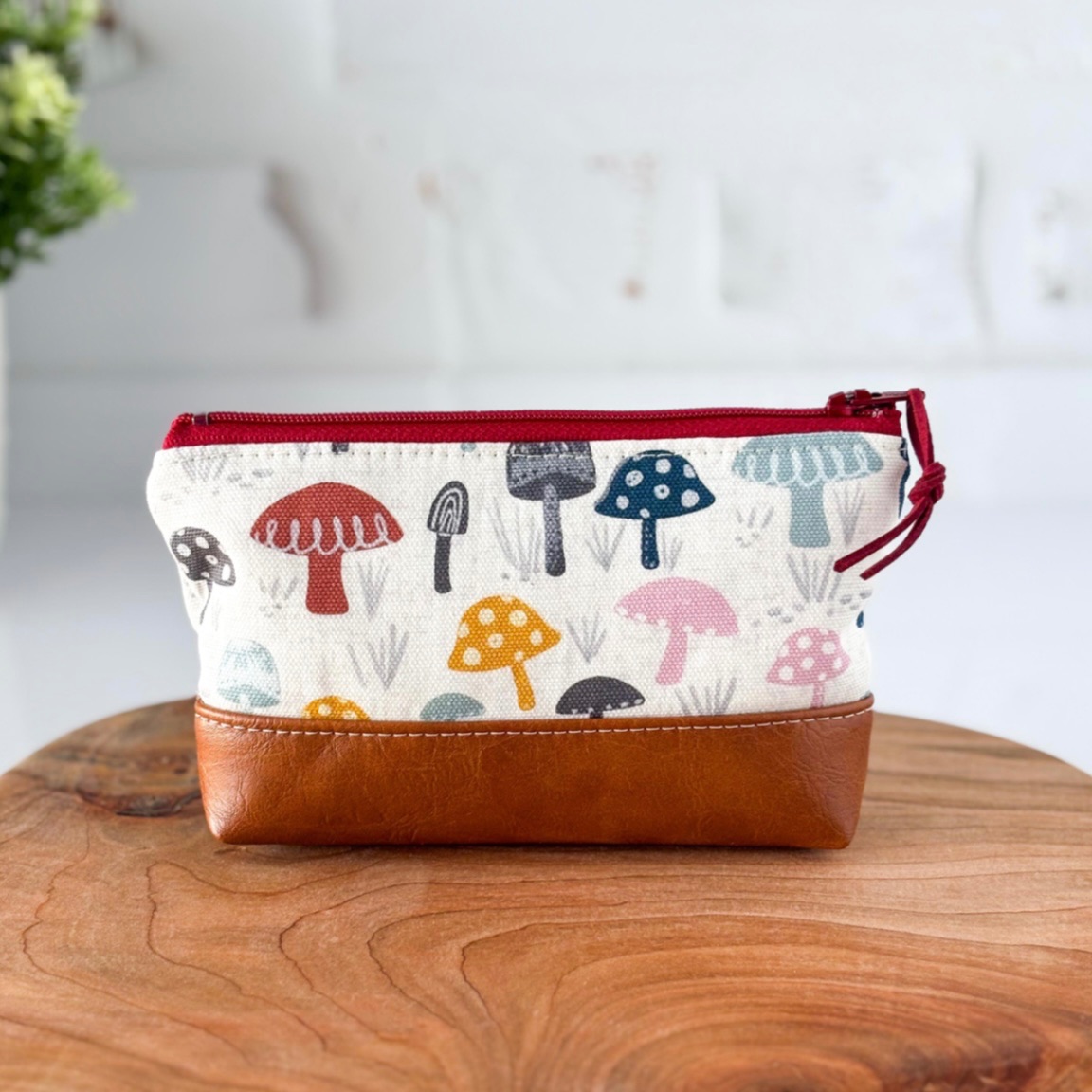Small Zipper Pouch - Faux Leather and Mushroom Canvas Print