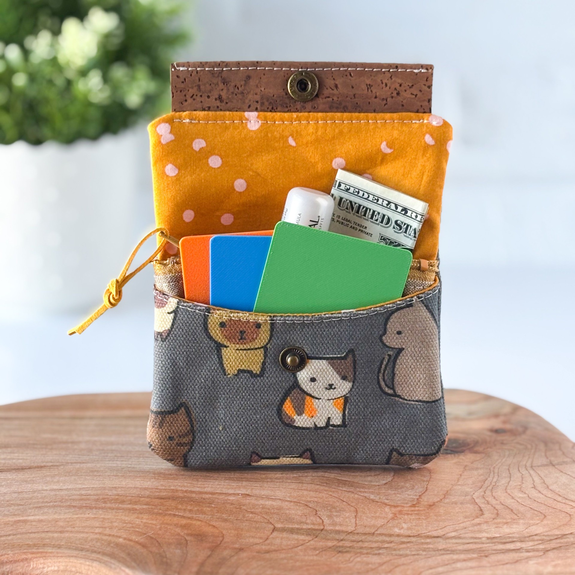 Womens Handmade Fabric Wallet - Kitten Cat Print - Canvas