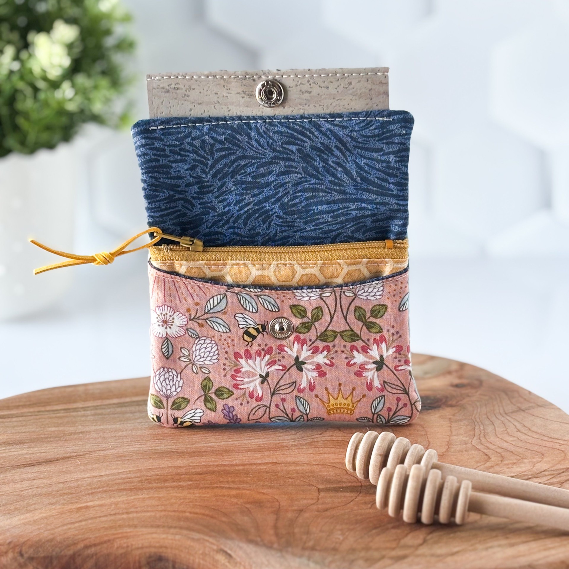 Womens Handmade Fabric Wallet - Honey Bumble Bee Print