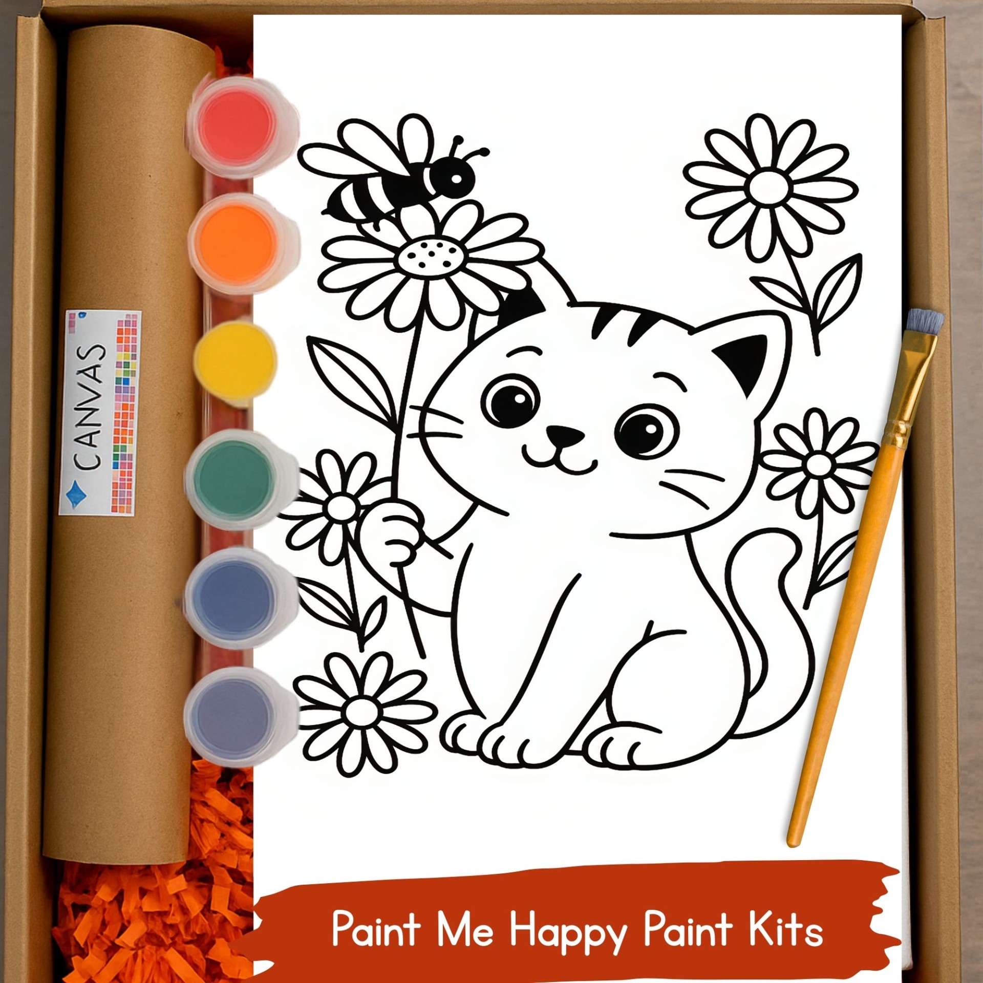 Kids Canvas Cat Bee Floral Paint Kit, Birthday Party Favors, Toddler, Preschool Art Gift, Kids Ages