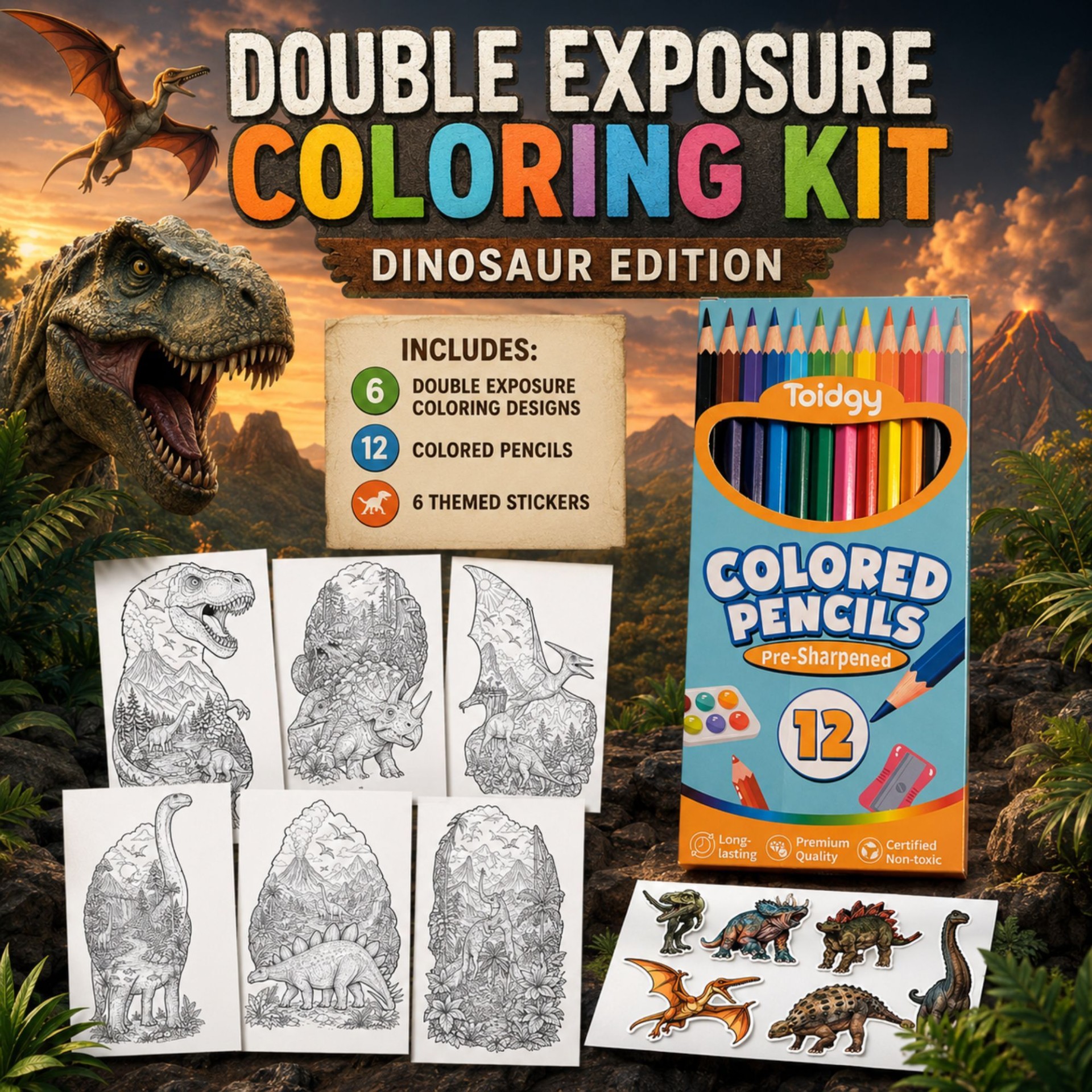 Prehistoric Double Exposure Dinosaur Coloring Kit for Kids Dinosaur Activity Set Coloring Pages