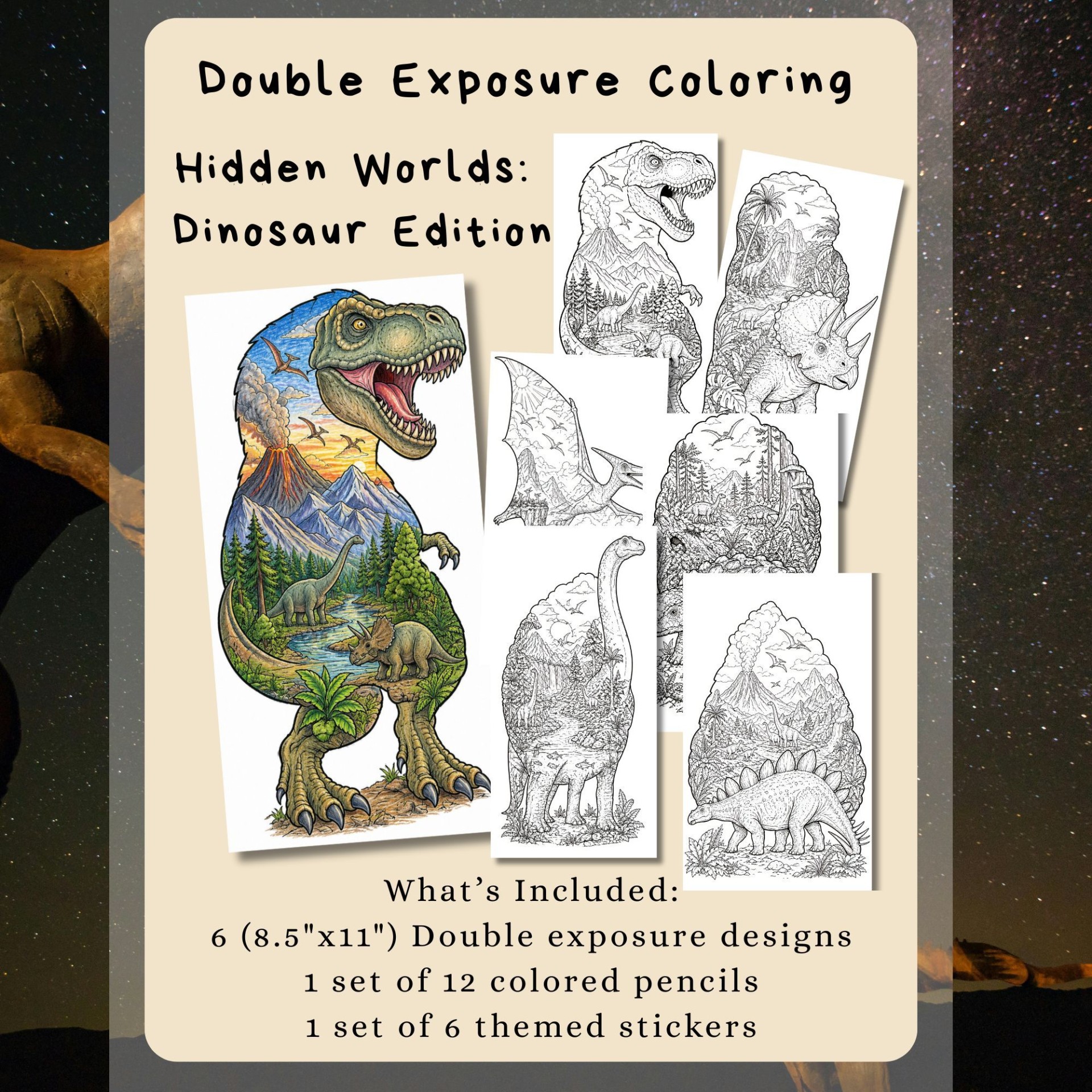Prehistoric Double Exposure Dinosaur Coloring Kit for Kids Dinosaur Activity Set Coloring Pages