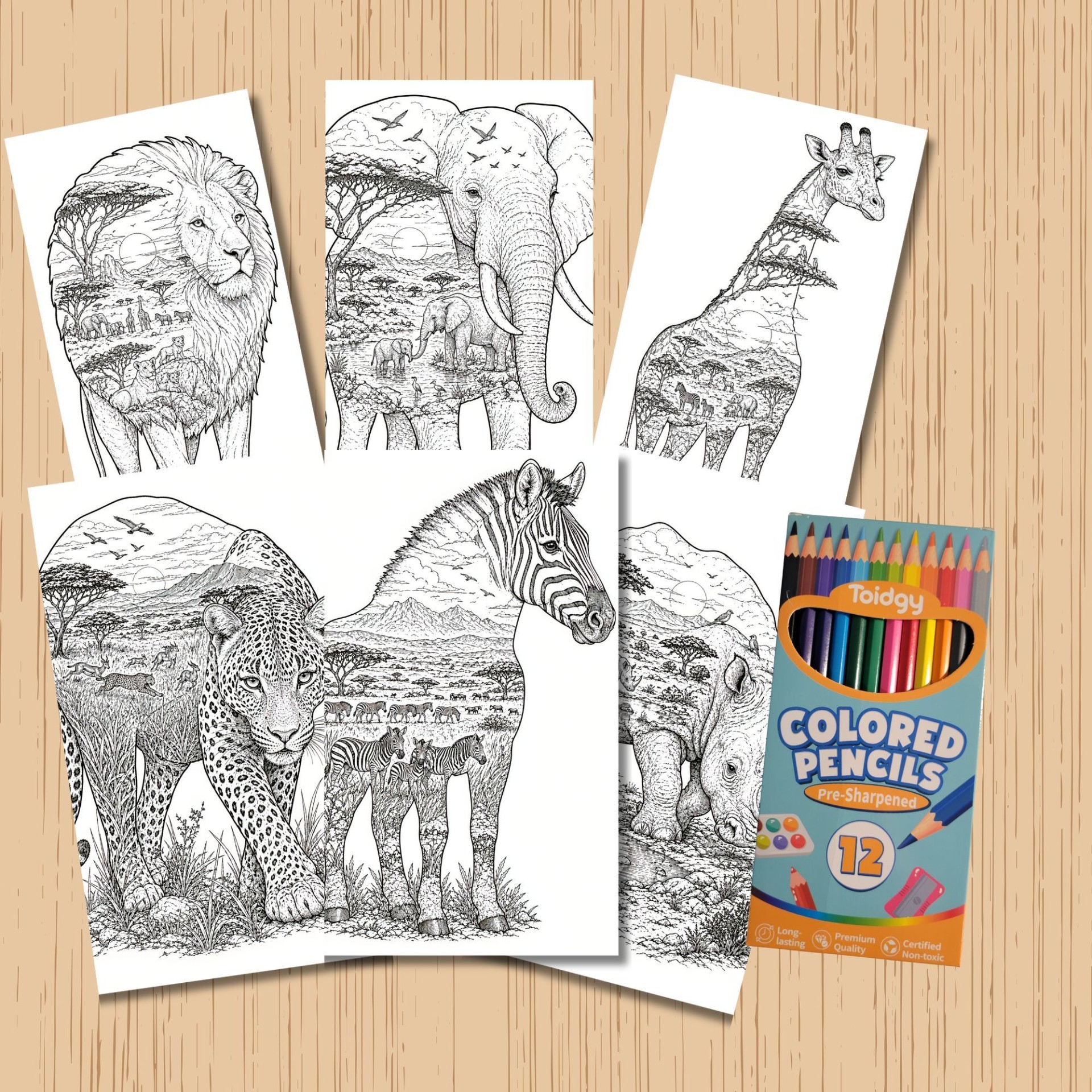 Safari Coloring Kit for Kids Double Exposure Animal Coloring Set