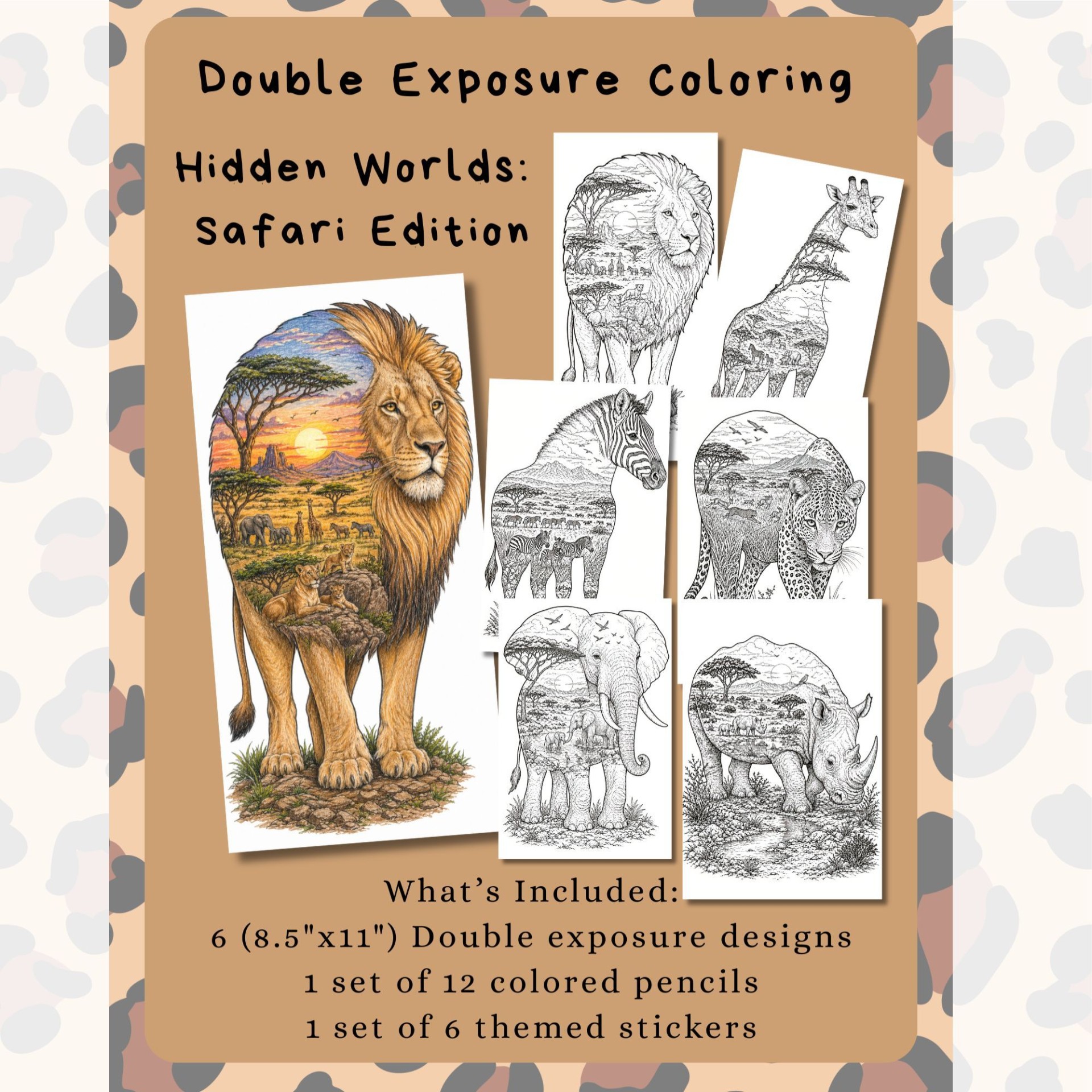 Safari Coloring Kit for Kids Double Exposure Animal Coloring Set