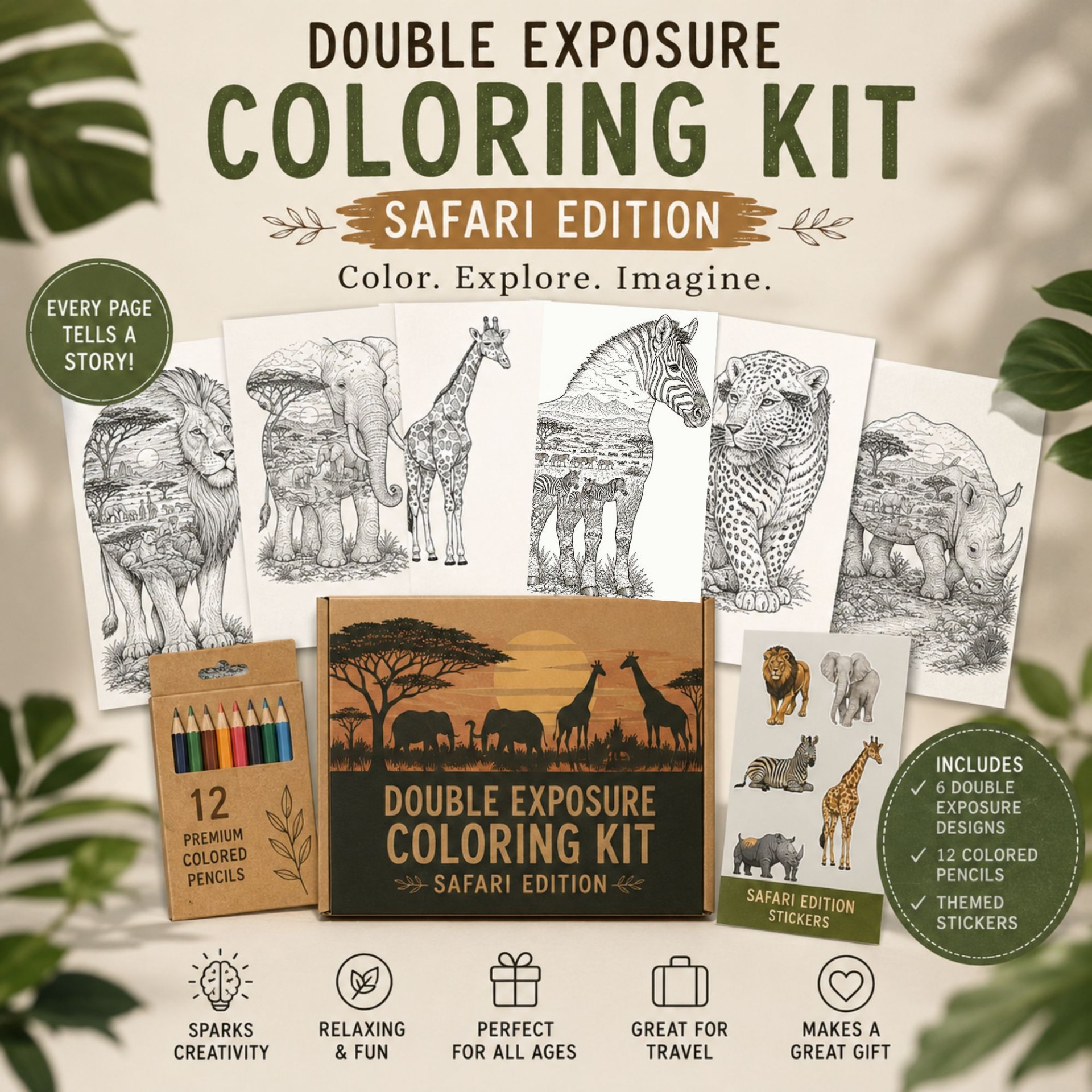 Safari Coloring Kit for Kids Double Exposure Animal Coloring Set