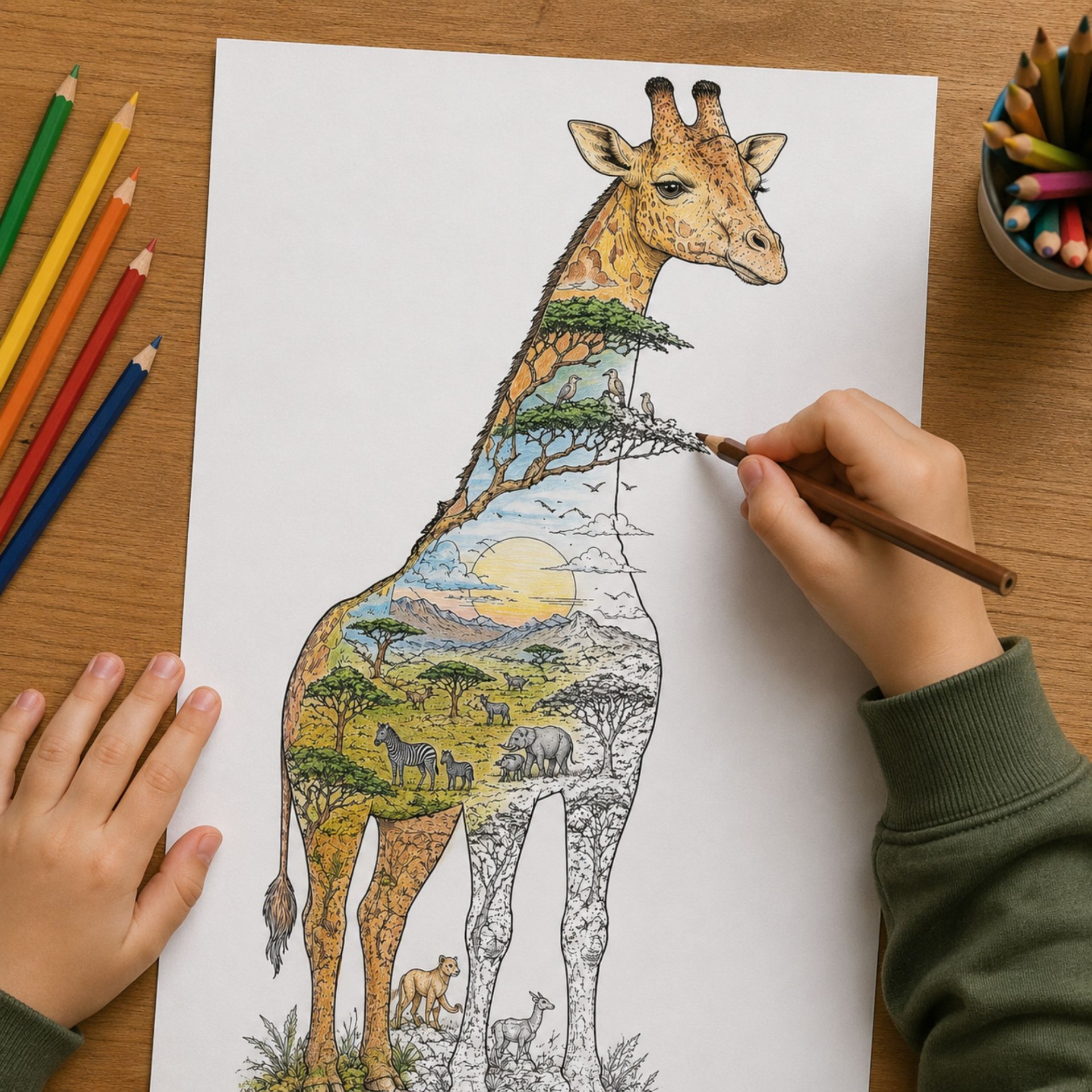 Safari Coloring Kit for Kids Double Exposure Animal Coloring Set