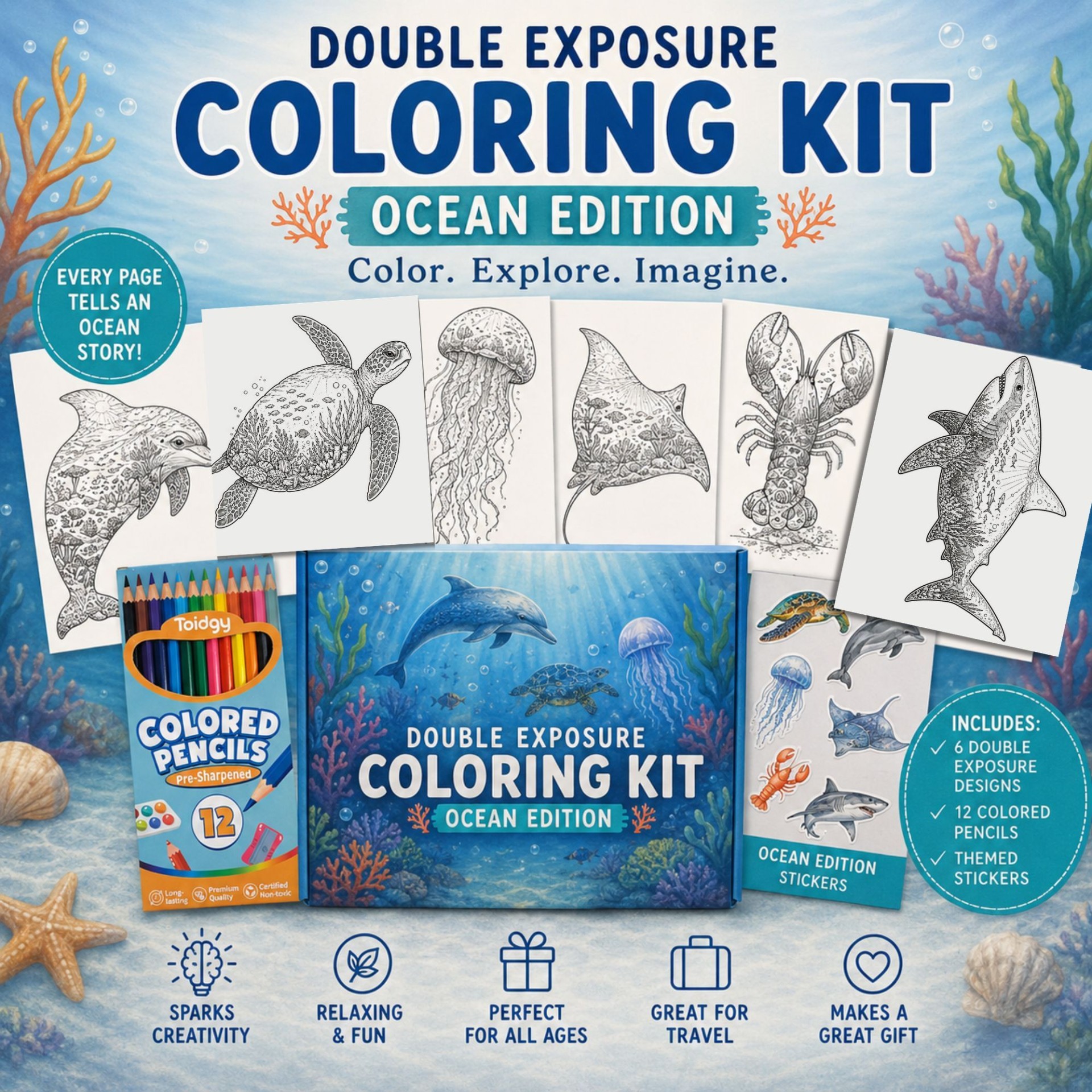 Ocean Coloring Kit for Kids Double Exposure Sea Animal Coloring Set